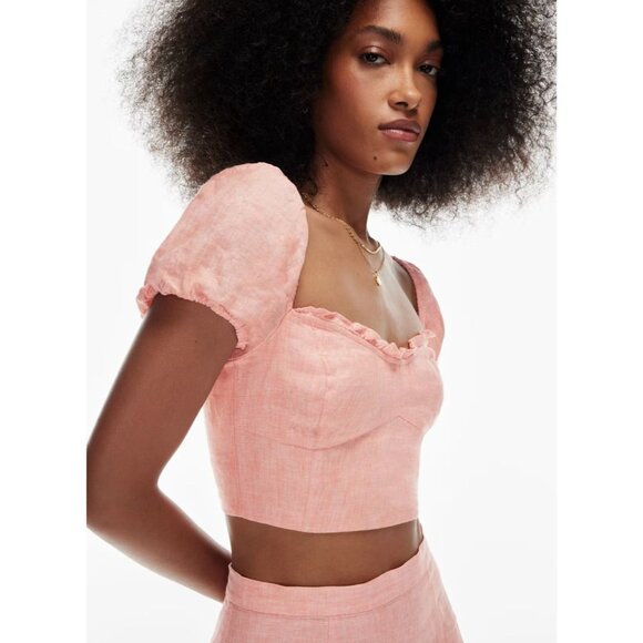 Aritzia WILFRED Wander Coral Linen Cropped Puff Sleeve Bustier Blouse, Size M - Picture 13 of 14